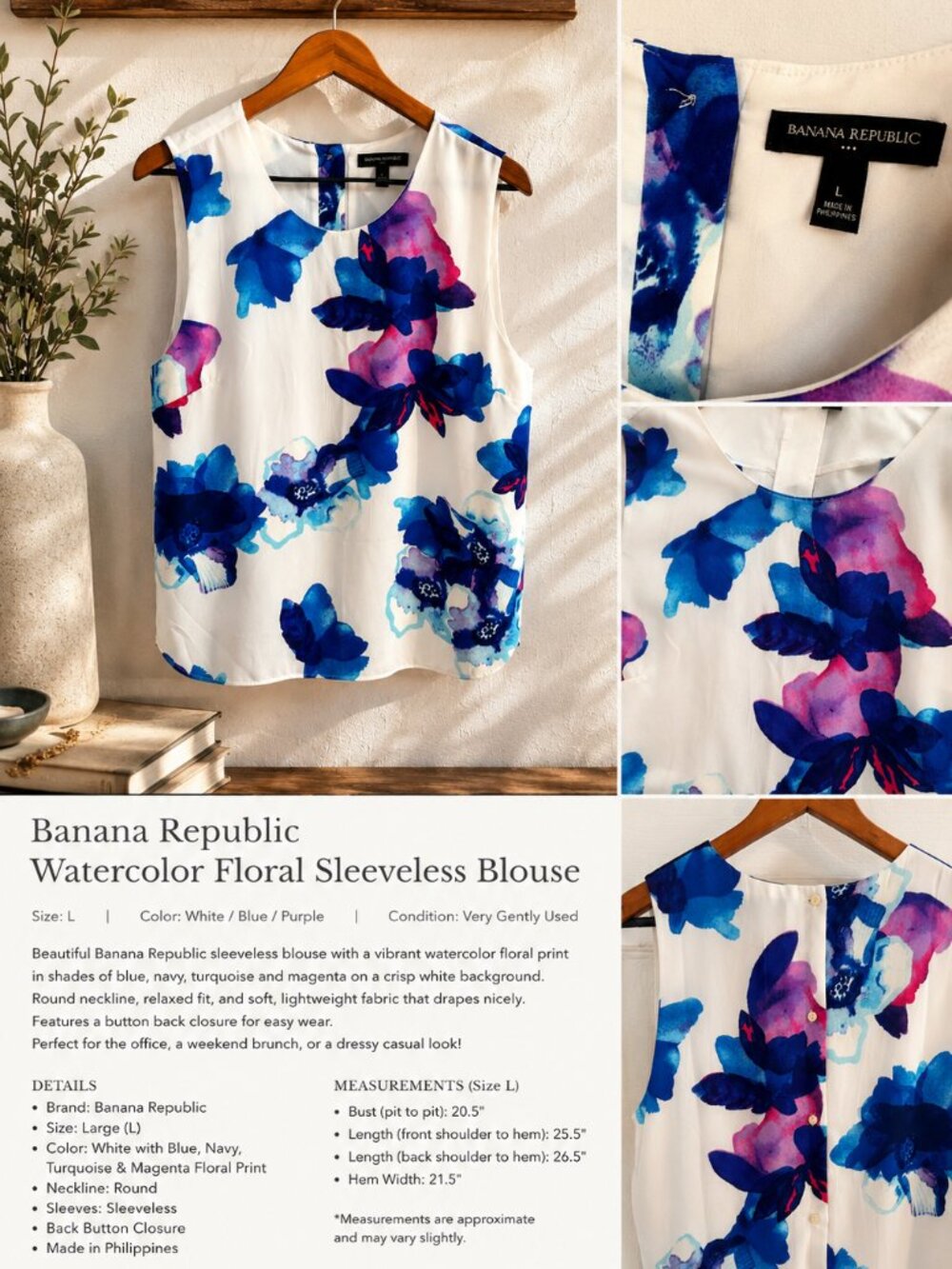 Banana Republic Watercolor Floral Sleeveless Blouse White Blue Purple L